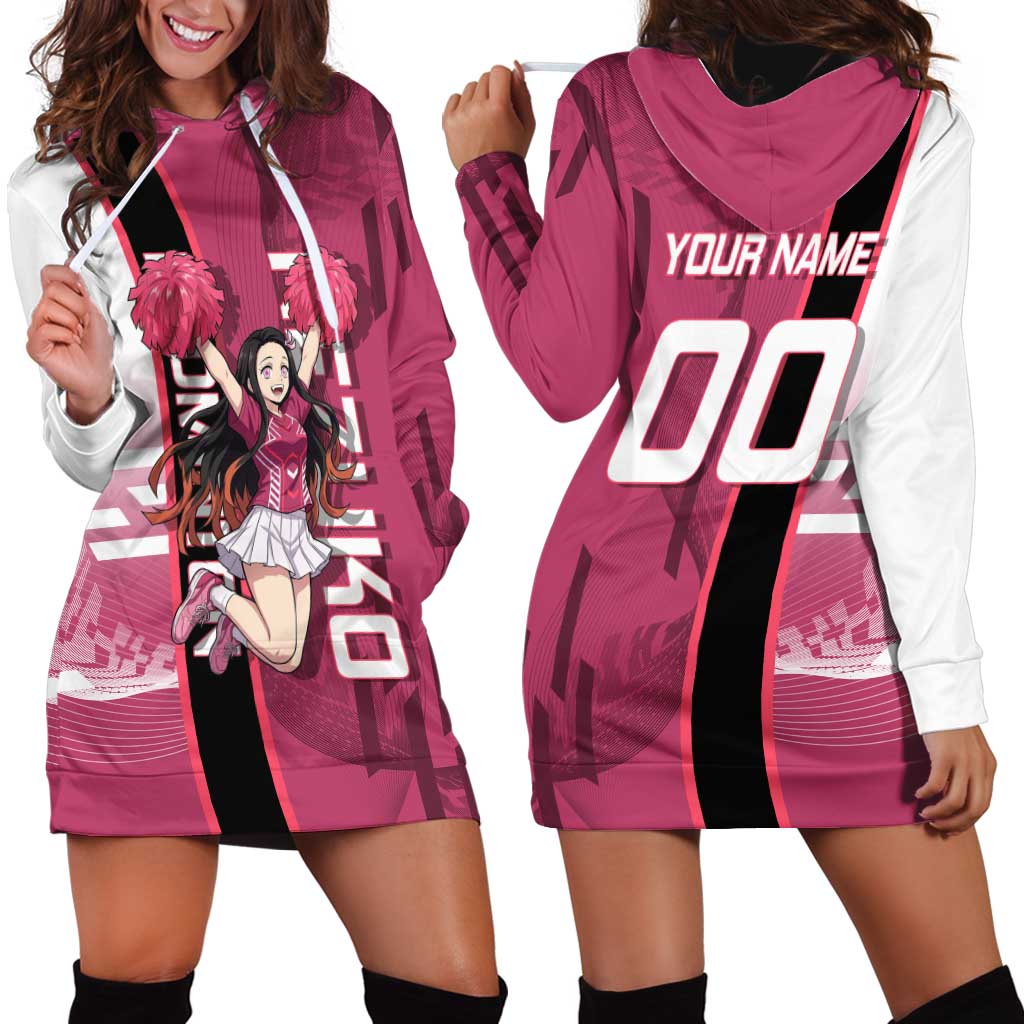 Personalized Nezuko Kamado Demon Slayer Badminton Cheerleader Hoodie Dress with Pom Poms and Pink White Graphic Design - The Mazicc