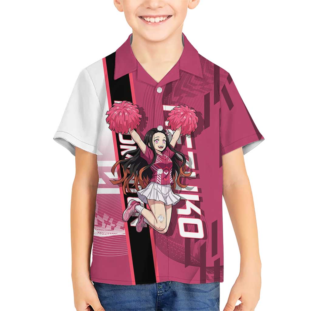 Personalized Nezuko Kamado Demon Slayer Badminton Cheerleader Kid Hawaiian Shirt with Pom Poms and Pink White Graphic Design - The Mazicc