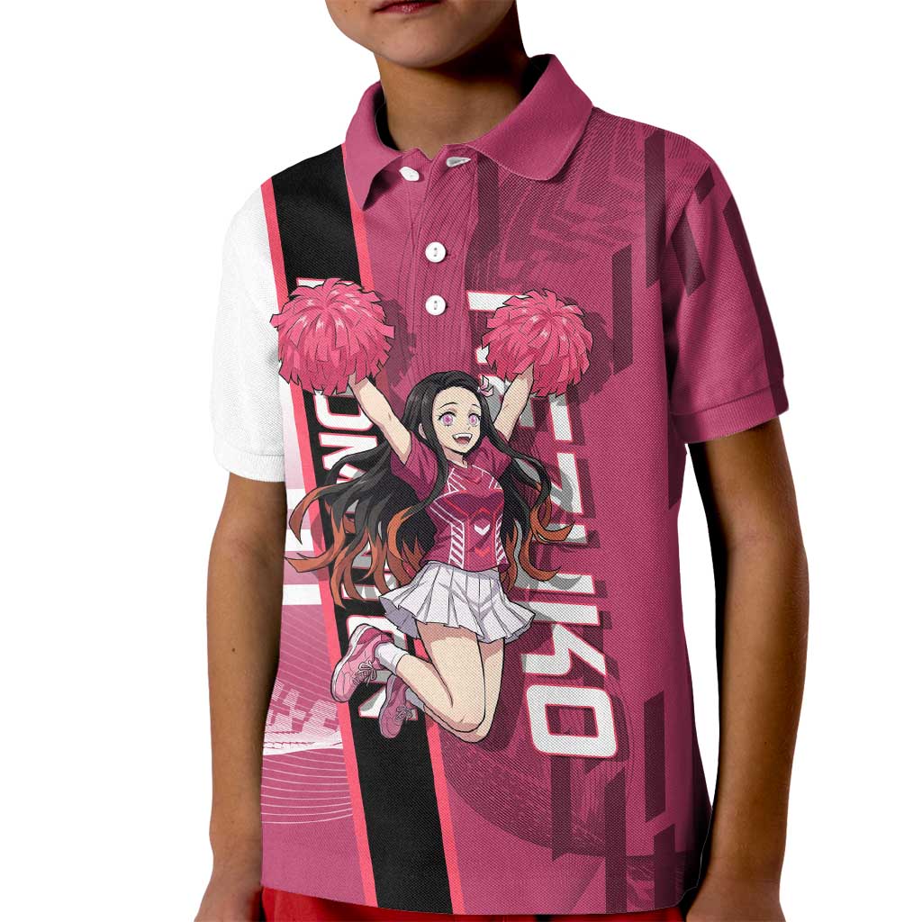Personalized Nezuko Kamado Demon Slayer Badminton Cheerleader Kid Polo Shirt with Pom Poms and Pink White Graphic Design - The Mazicc
