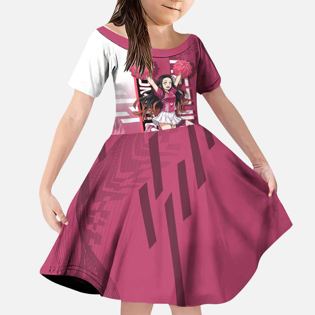 Personalized Nezuko Kamado Demon Slayer Badminton Cheerleader Kid Short Sleeve Dress with Pom Poms and Pink White Graphic Design - The Mazicc