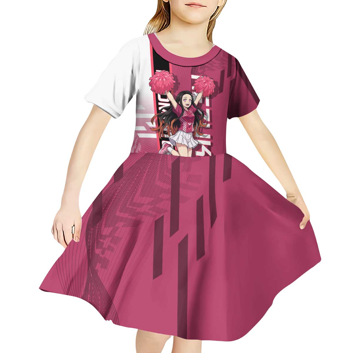 Personalized Nezuko Kamado Demon Slayer Badminton Cheerleader Kid Short Sleeve Dress with Pom Poms and Pink White Graphic Design - The Mazicc