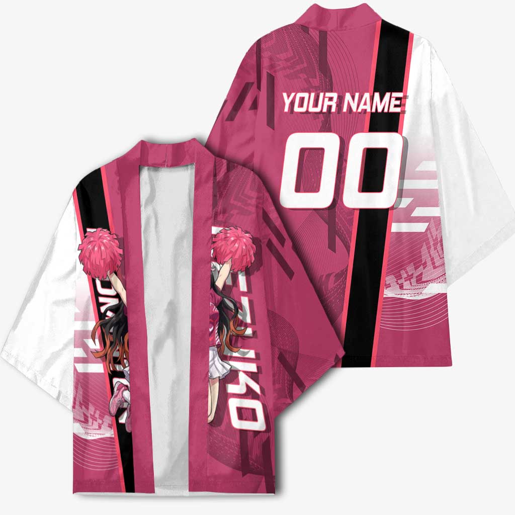 Personalized Nezuko Kamado Demon Slayer Badminton Cheerleader Kimono with Pom Poms and Pink White Graphic Design - The Mazicc