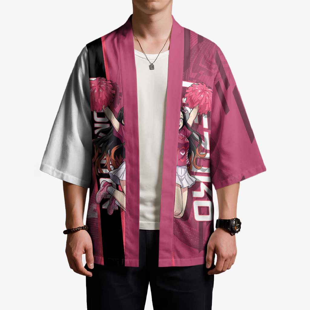 Personalized Nezuko Kamado Demon Slayer Badminton Cheerleader Kimono with Pom Poms and Pink White Graphic Design - The Mazicc