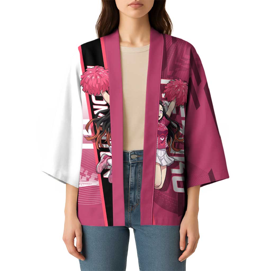 Personalized Nezuko Kamado Demon Slayer Badminton Cheerleader Kimono with Pom Poms and Pink White Graphic Design - The Mazicc