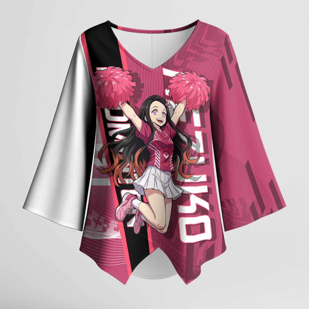 Personalized Nezuko Kamado Demon Slayer Badminton Cheerleader Kimono Sleeve Blouse with Pom Poms and Pink White Graphic Design - The Mazicc