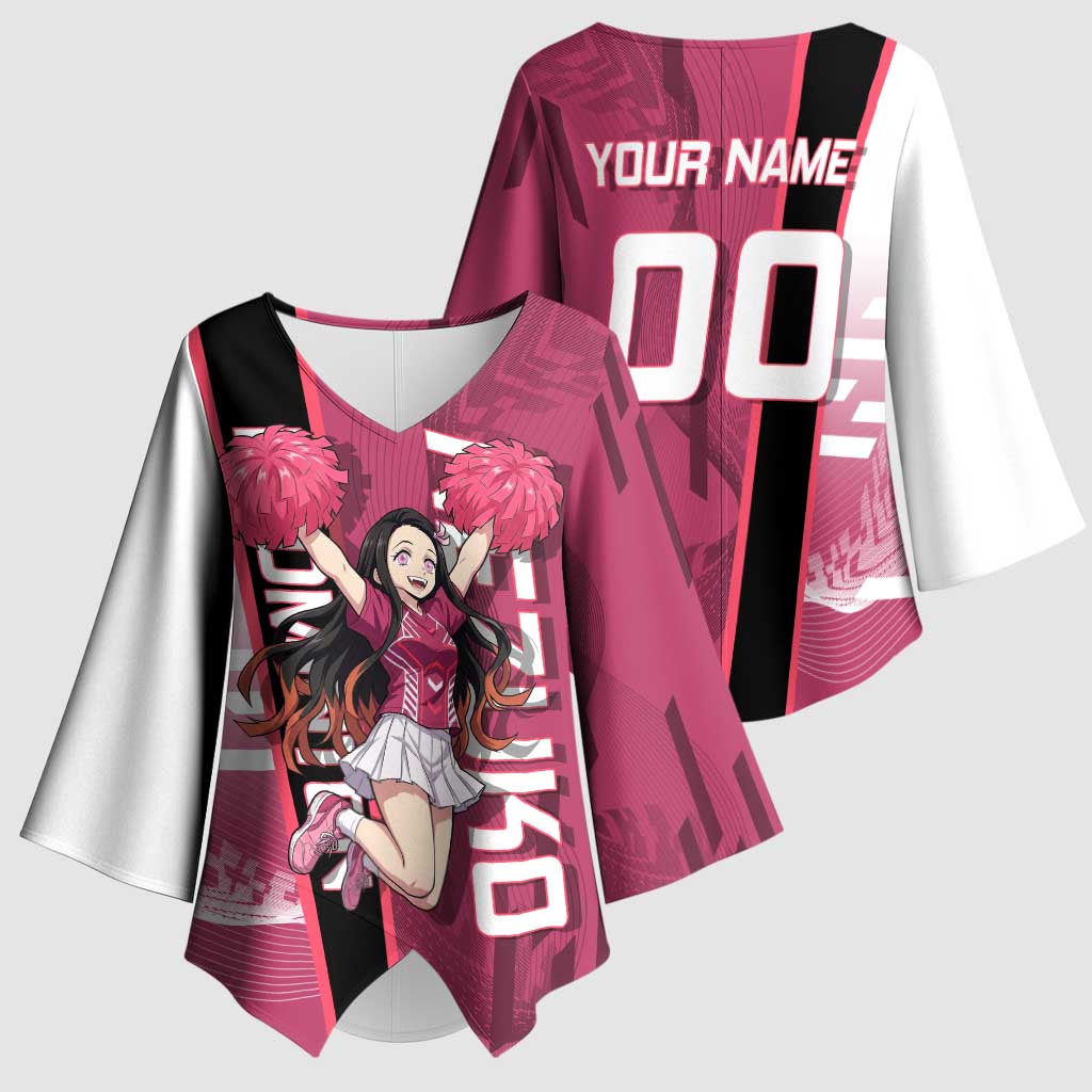 Personalized Nezuko Kamado Demon Slayer Badminton Cheerleader Kimono Sleeve Blouse with Pom Poms and Pink White Graphic Design - The Mazicc