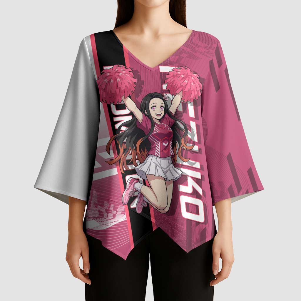 Personalized Nezuko Kamado Demon Slayer Badminton Cheerleader Kimono Sleeve Blouse with Pom Poms and Pink White Graphic Design - The Mazicc