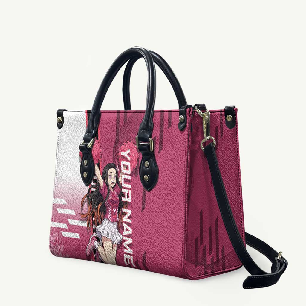 Personalized Nezuko Kamado Demon Slayer Badminton Cheerleader Leather Bag with Pom Poms and Pink White Graphic Design - The Mazicc