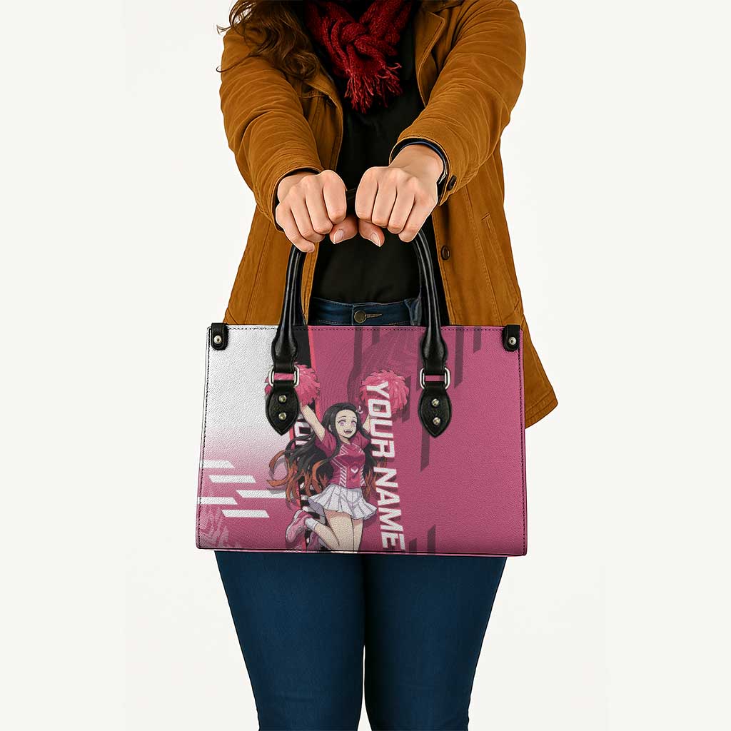 Personalized Nezuko Kamado Demon Slayer Badminton Cheerleader Leather Bag with Pom Poms and Pink White Graphic Design - The Mazicc