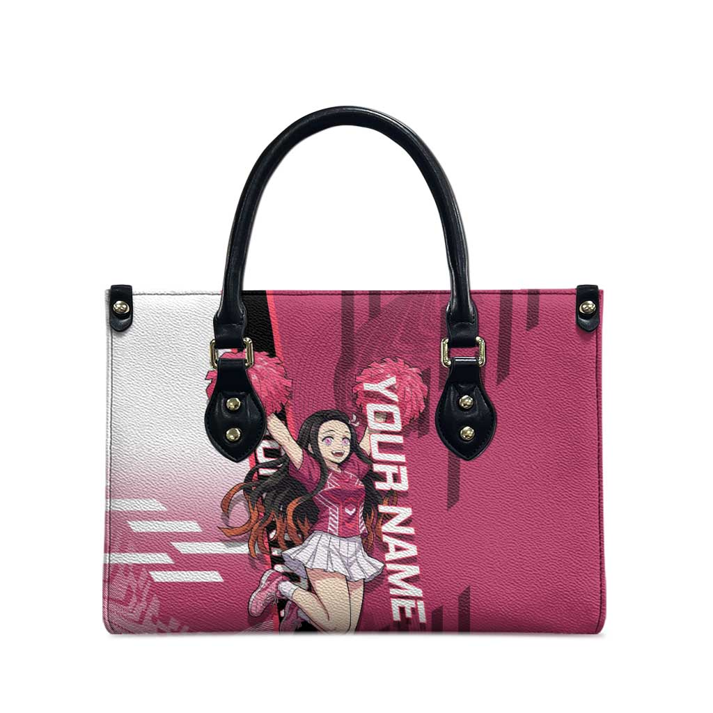 Personalized Nezuko Kamado Demon Slayer Badminton Cheerleader Leather Bag with Pom Poms and Pink White Graphic Design - The Mazicc