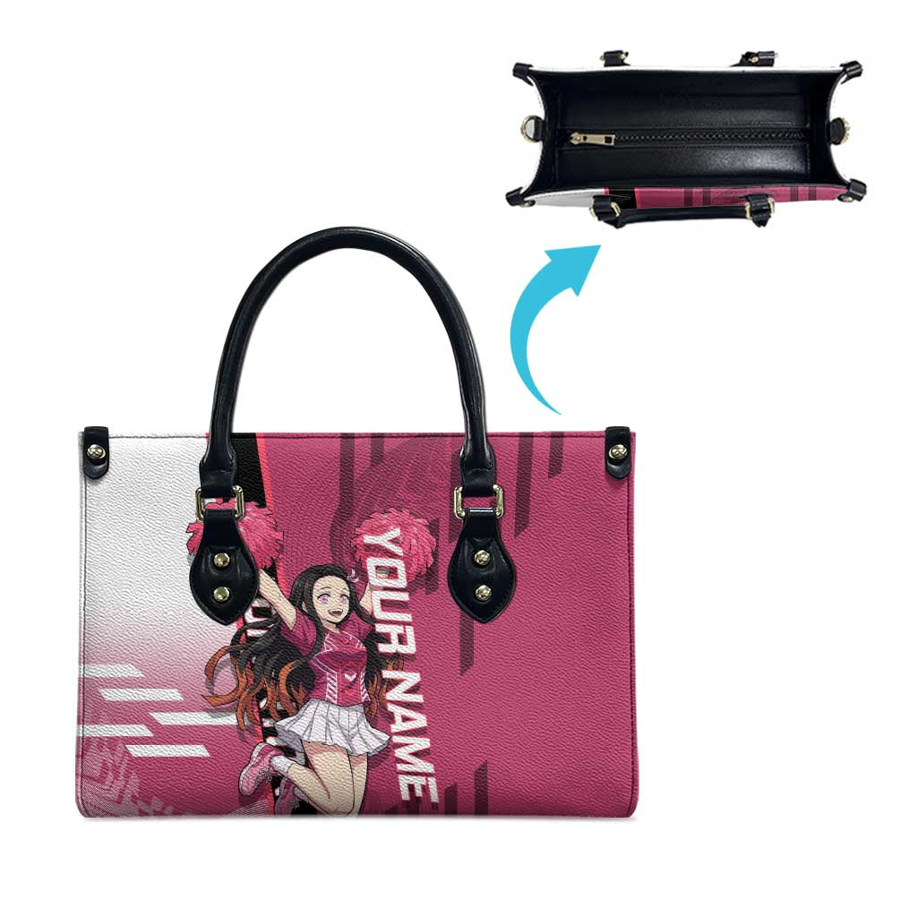 Personalized Nezuko Kamado Demon Slayer Badminton Cheerleader Leather Bag with Pom Poms and Pink White Graphic Design - The Mazicc