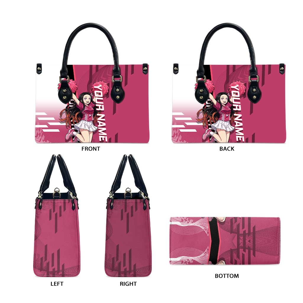 Personalized Nezuko Kamado Demon Slayer Badminton Cheerleader Leather Bag with Pom Poms and Pink White Graphic Design - The Mazicc