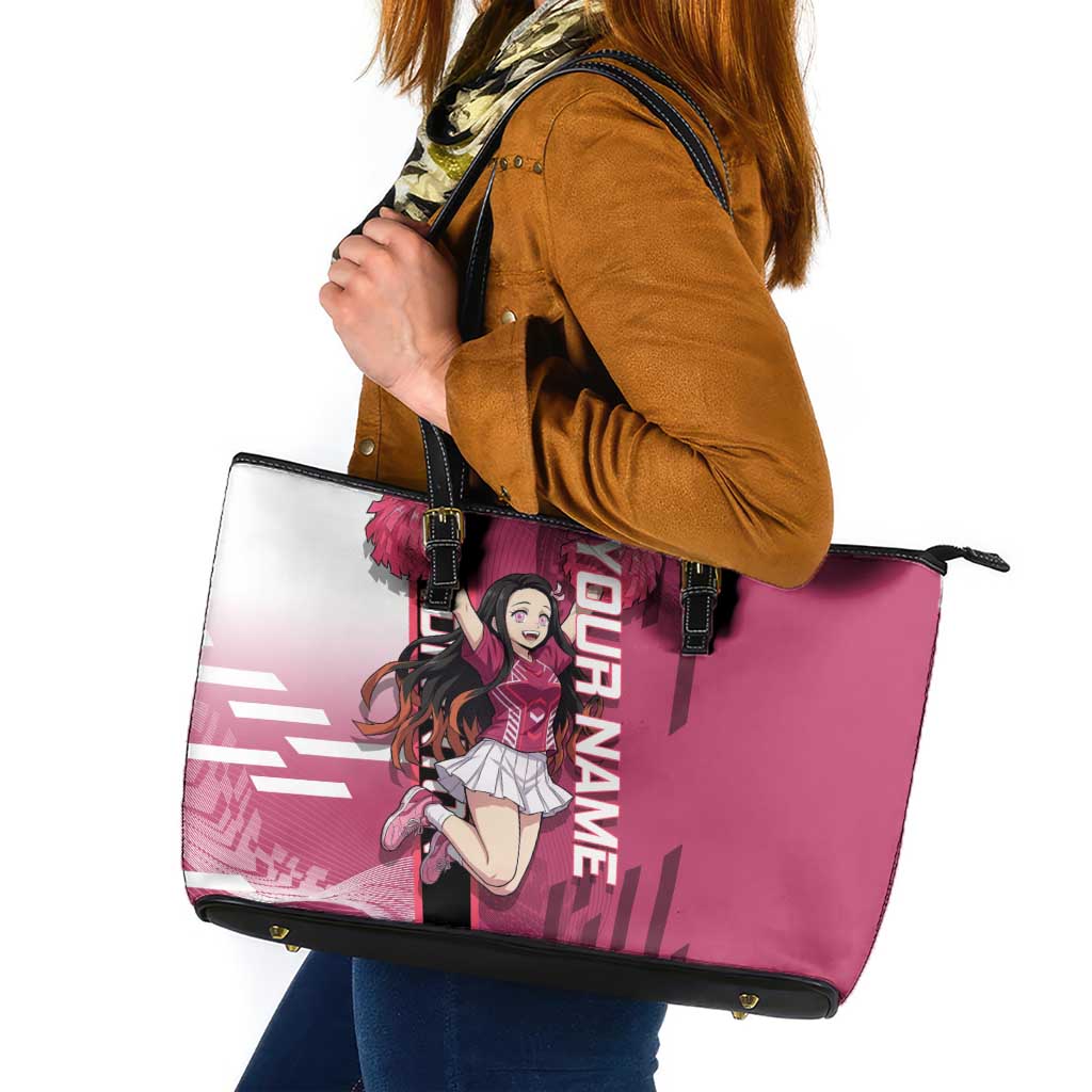 Personalized Nezuko Kamado Demon Slayer Badminton Cheerleader Leather Tote Bag with Pom Poms and Pink White Graphic Design - The Mazicc