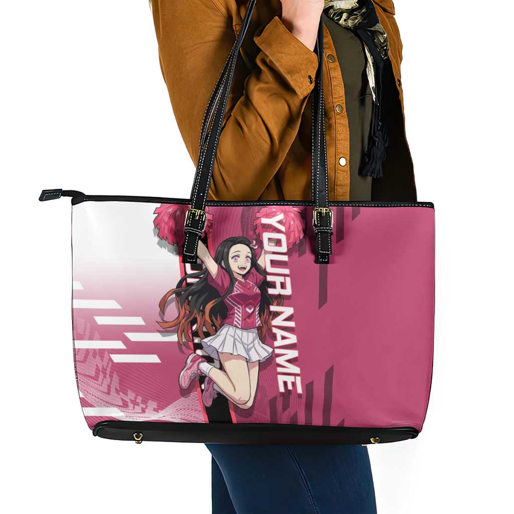 Personalized Nezuko Kamado Demon Slayer Badminton Cheerleader Leather Tote Bag with Pom Poms and Pink White Graphic Design - The Mazicc
