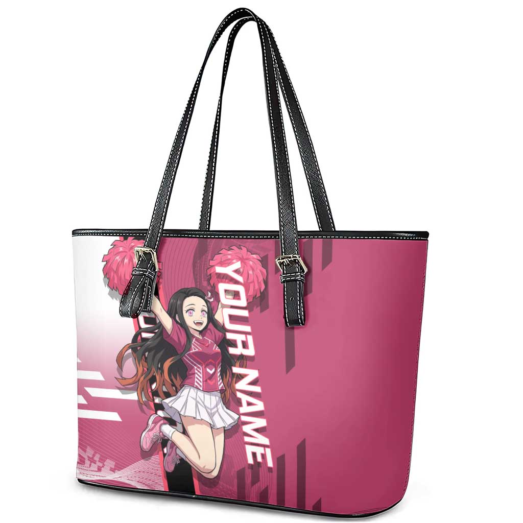 Personalized Nezuko Kamado Demon Slayer Badminton Cheerleader Leather Tote Bag with Pom Poms and Pink White Graphic Design - The Mazicc
