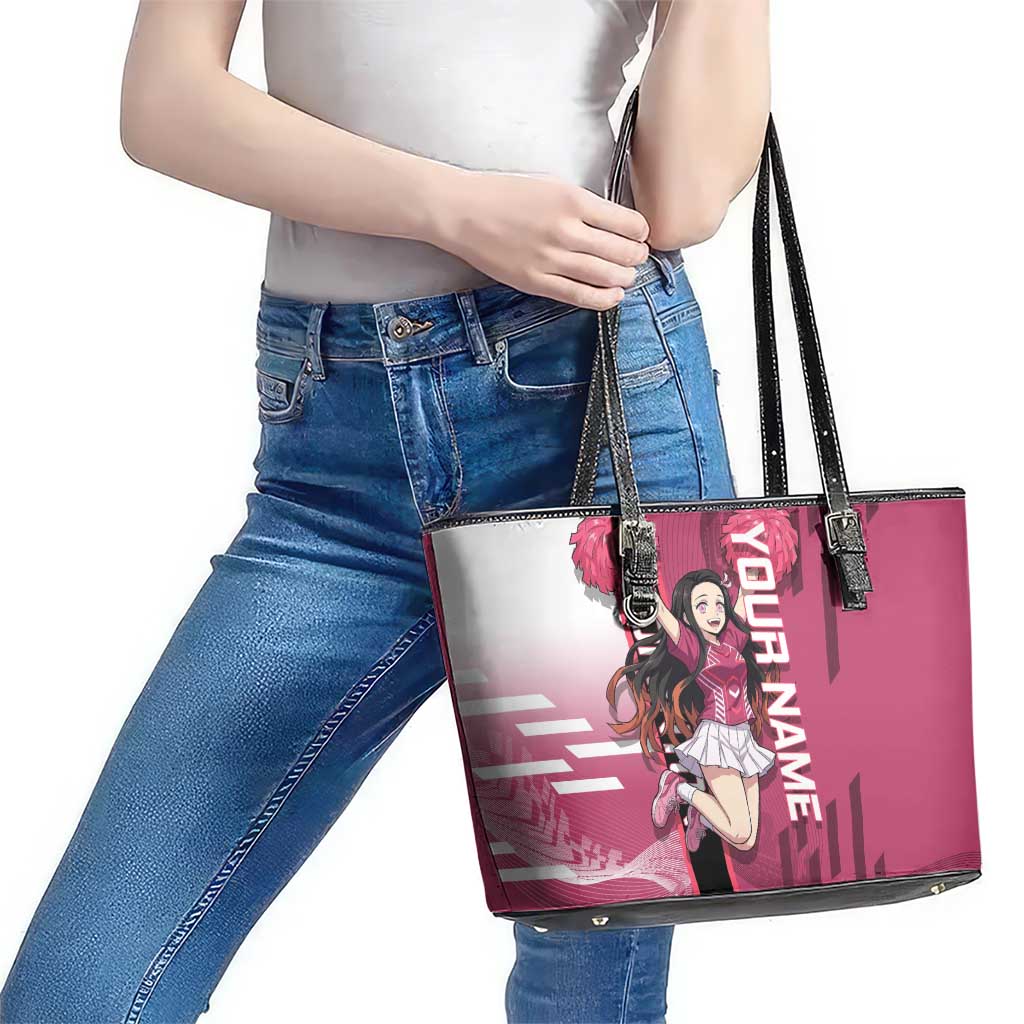 Personalized Nezuko Kamado Demon Slayer Badminton Cheerleader Leather Tote Bag with Pom Poms and Pink White Graphic Design - The Mazicc