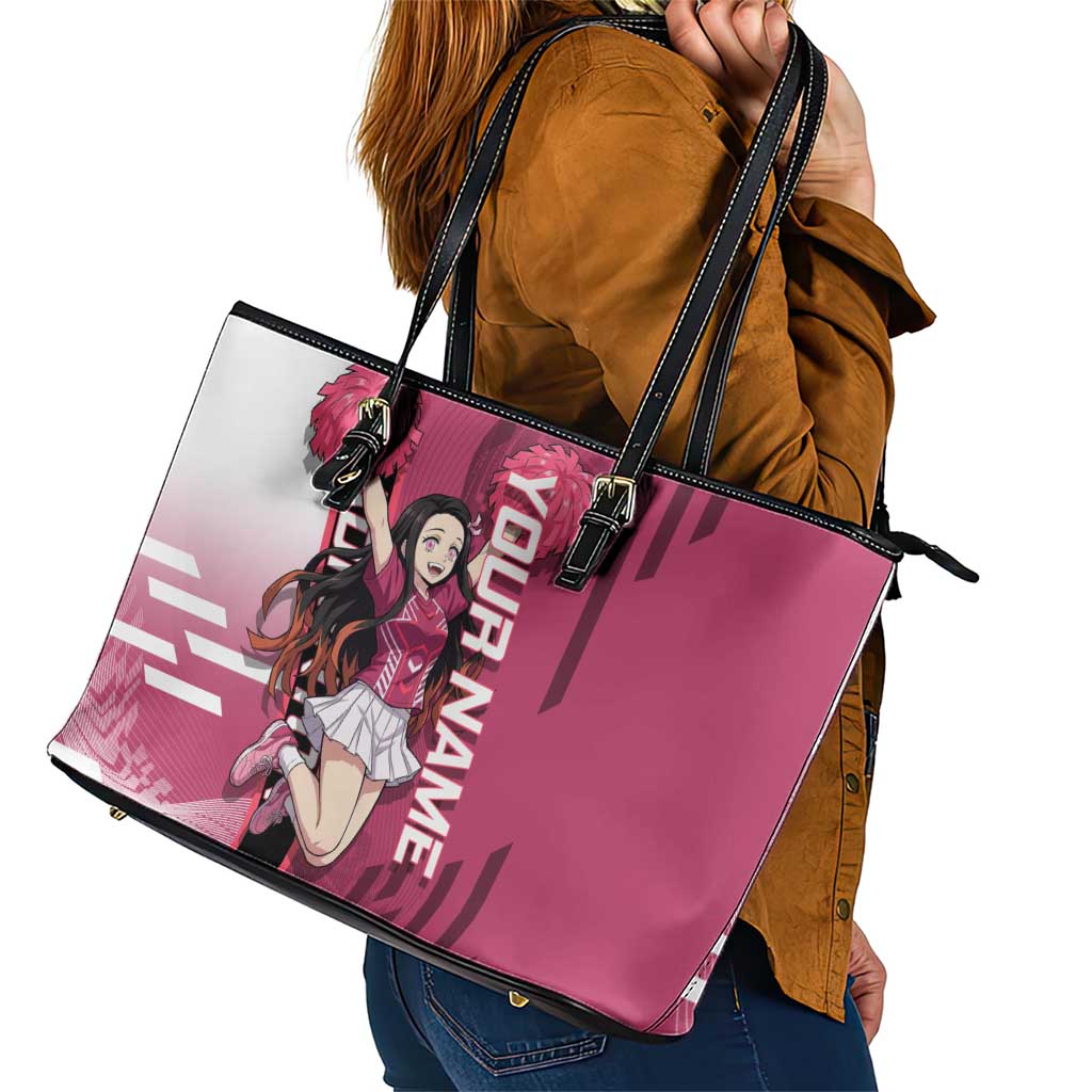 Personalized Nezuko Kamado Demon Slayer Badminton Cheerleader Leather Tote Bag with Pom Poms and Pink White Graphic Design - The Mazicc