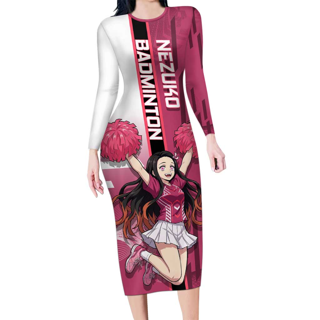 Personalized Nezuko Kamado Demon Slayer Badminton Cheerleader Long Sleeve Bodycon Dress with Pom Poms and Pink White Graphic Design - The Mazicc