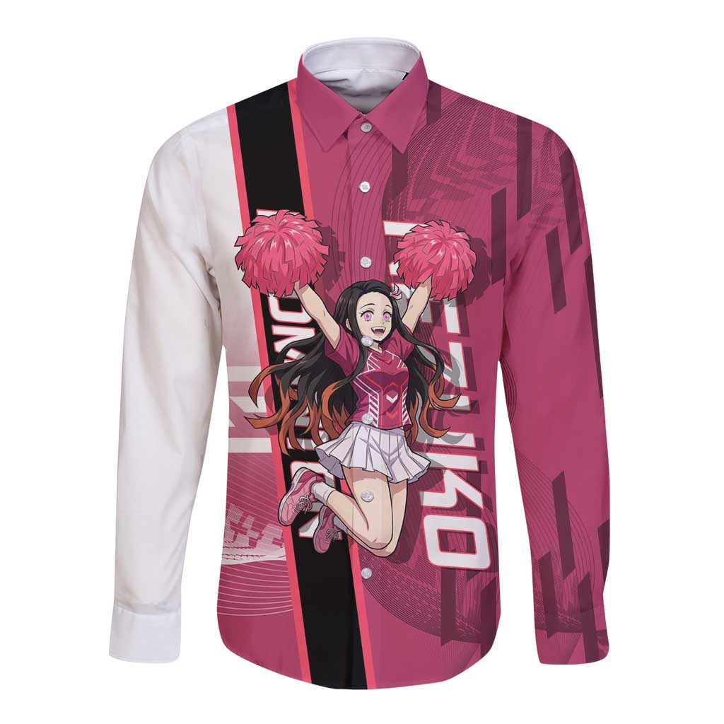 Personalized Nezuko Kamado Demon Slayer Badminton Cheerleader Long Sleeve Button Shirt with Pom Poms and Pink White Graphic Design - The Mazicc