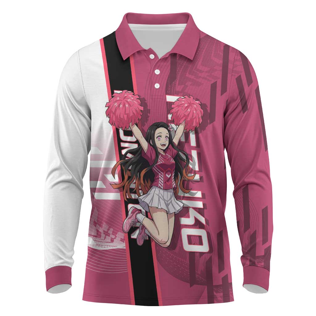 Personalized Nezuko Kamado Demon Slayer Badminton Cheerleader Long Sleeve Polo Shirt with Pom Poms and Pink White Graphic Design - The Mazicc