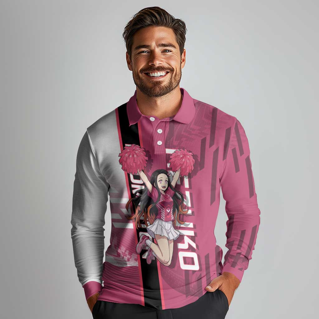 Personalized Nezuko Kamado Demon Slayer Badminton Cheerleader Long Sleeve Polo Shirt with Pom Poms and Pink White Graphic Design - The Mazicc