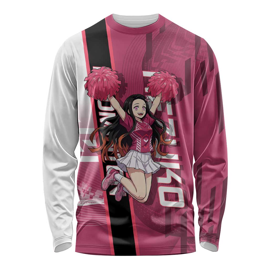 Personalized Nezuko Kamado Demon Slayer Badminton Cheerleader Long Sleeve Shirt with Pom Poms and Pink White Graphic Design - The Mazicc