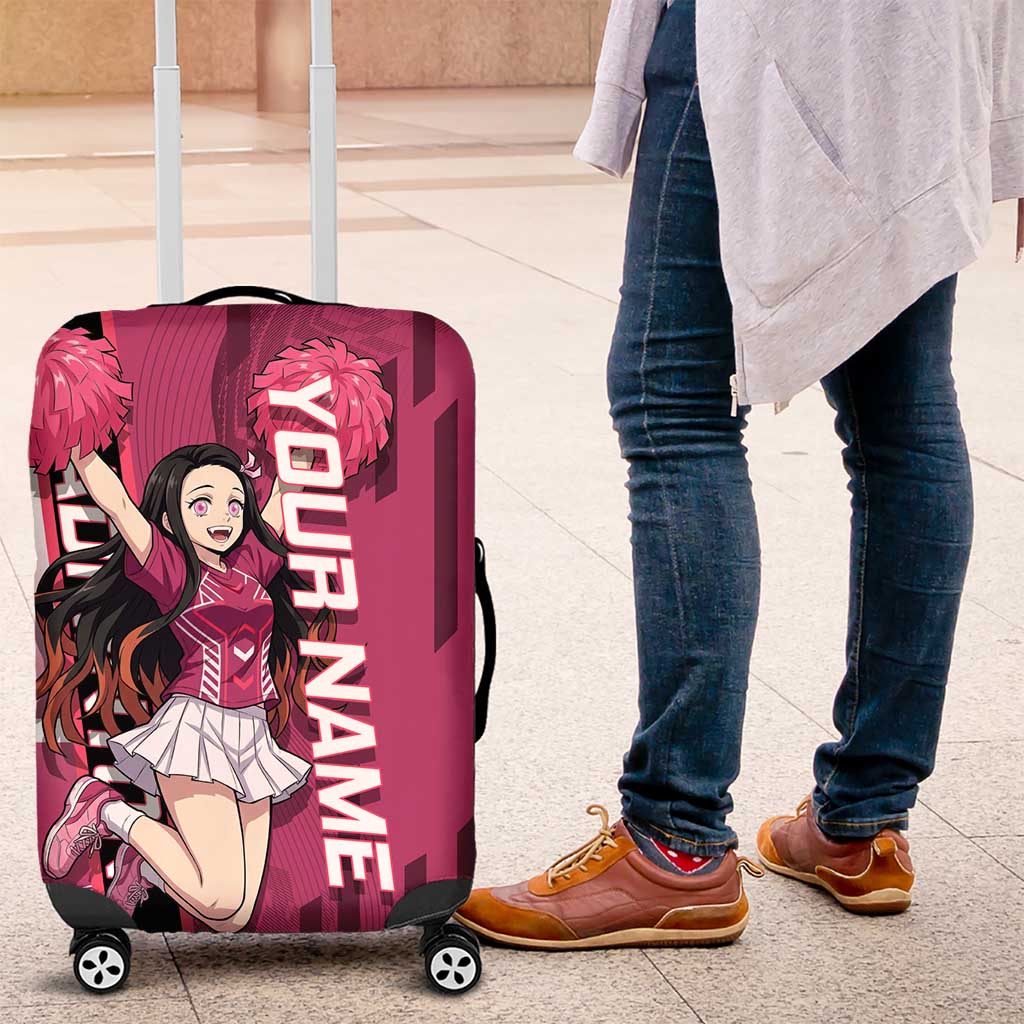Personalized Nezuko Kamado Demon Slayer Badminton Cheerleader Luggage Cover with Pom Poms and Pink White Graphic Design - The Mazicc
