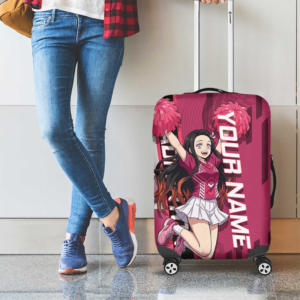 Personalized Nezuko Kamado Demon Slayer Badminton Cheerleader Luggage Cover with Pom Poms and Pink White Graphic Design - The Mazicc
