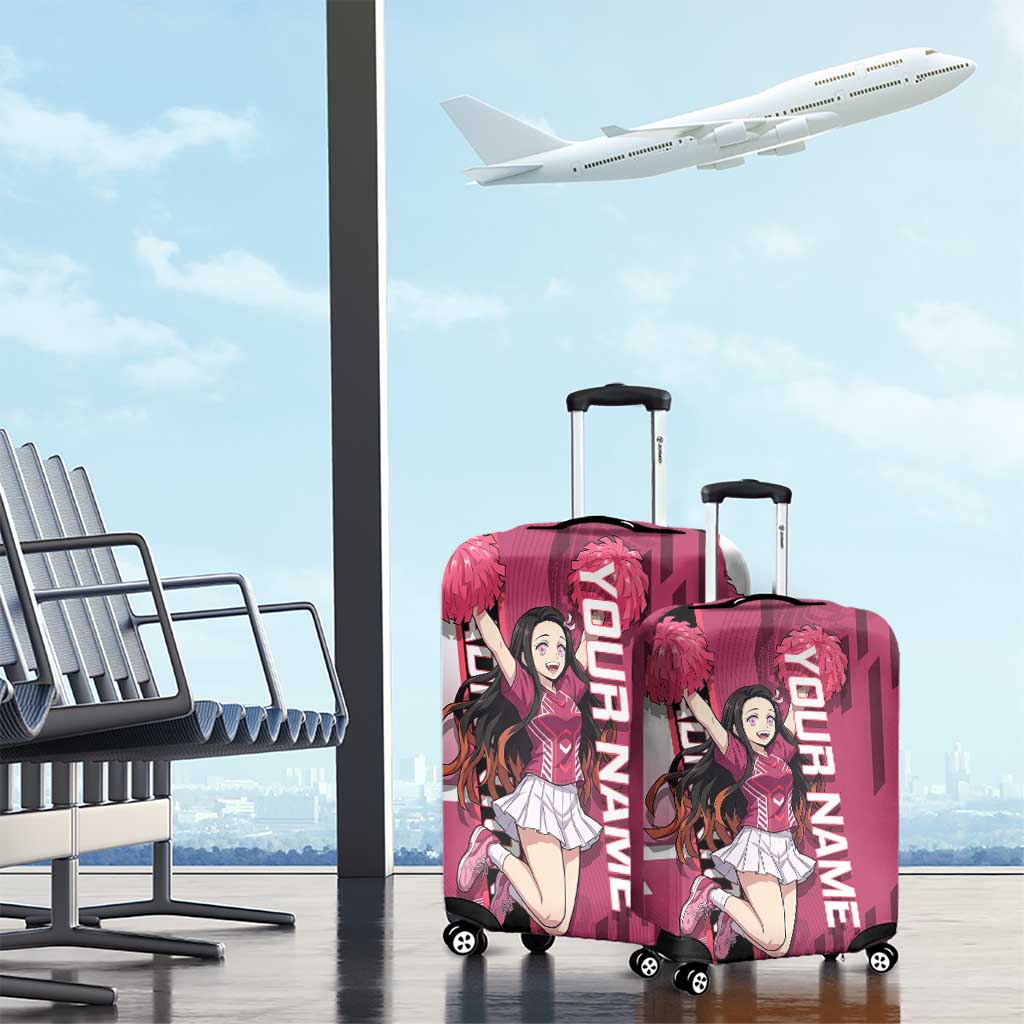 Personalized Nezuko Kamado Demon Slayer Badminton Cheerleader Luggage Cover with Pom Poms and Pink White Graphic Design - The Mazicc