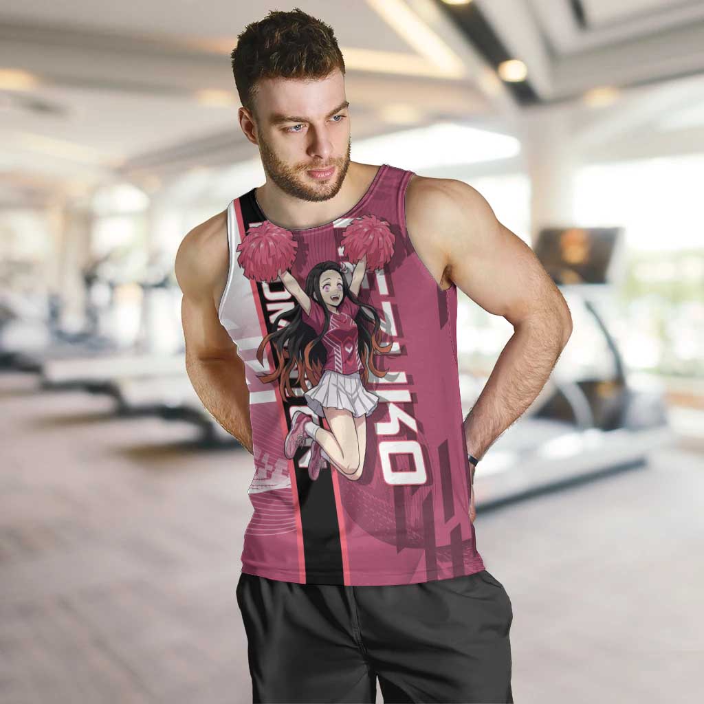 Personalized Nezuko Kamado Demon Slayer Badminton Cheerleader Men Tank Top with Pom Poms and Pink White Graphic Design - The Mazicc