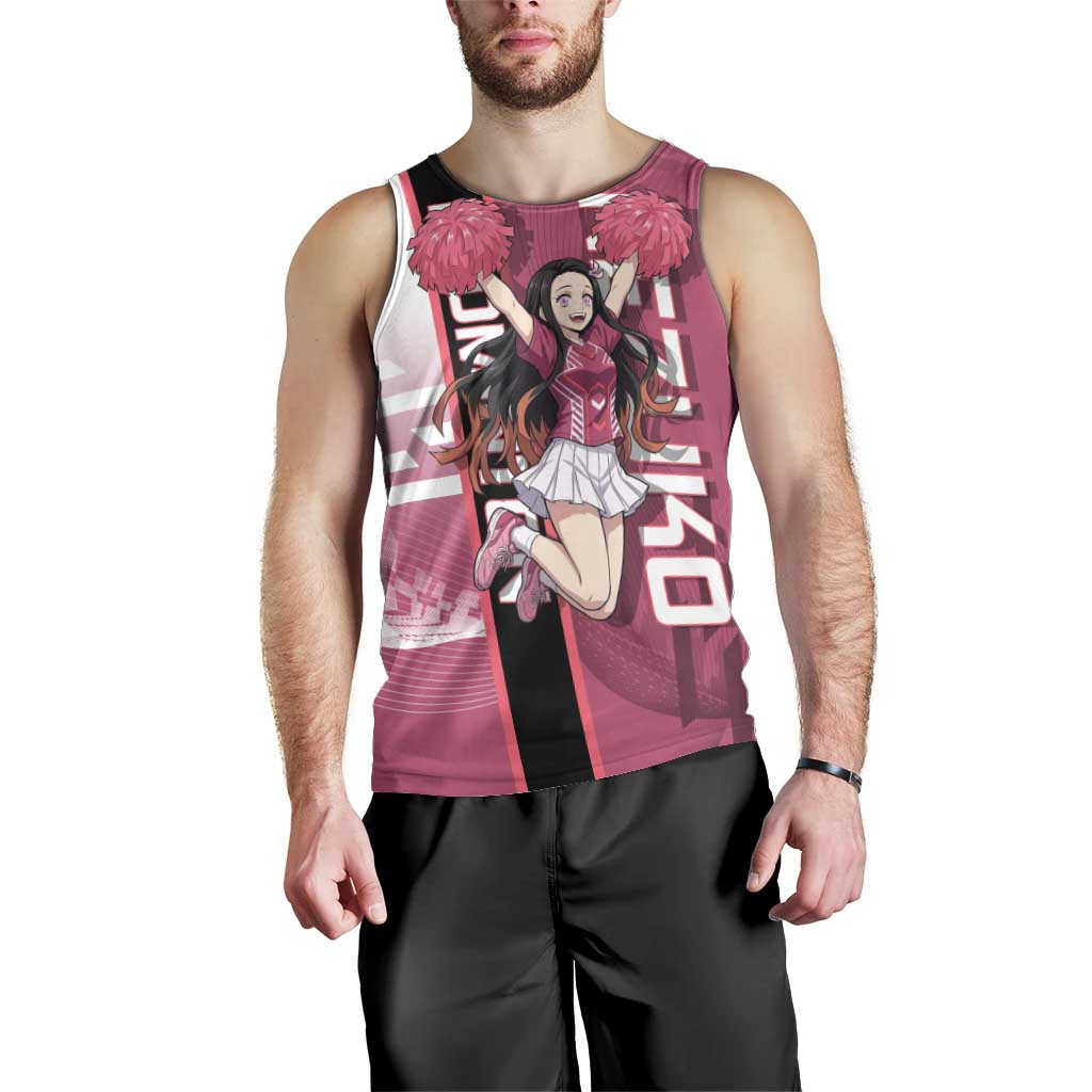 Personalized Nezuko Kamado Demon Slayer Badminton Cheerleader Men Tank Top with Pom Poms and Pink White Graphic Design - The Mazicc