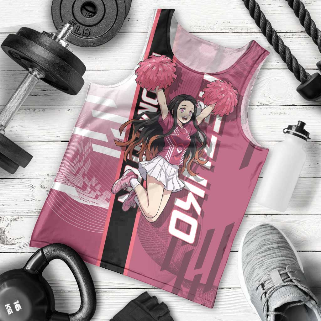 Personalized Nezuko Kamado Demon Slayer Badminton Cheerleader Men Tank Top with Pom Poms and Pink White Graphic Design - The Mazicc