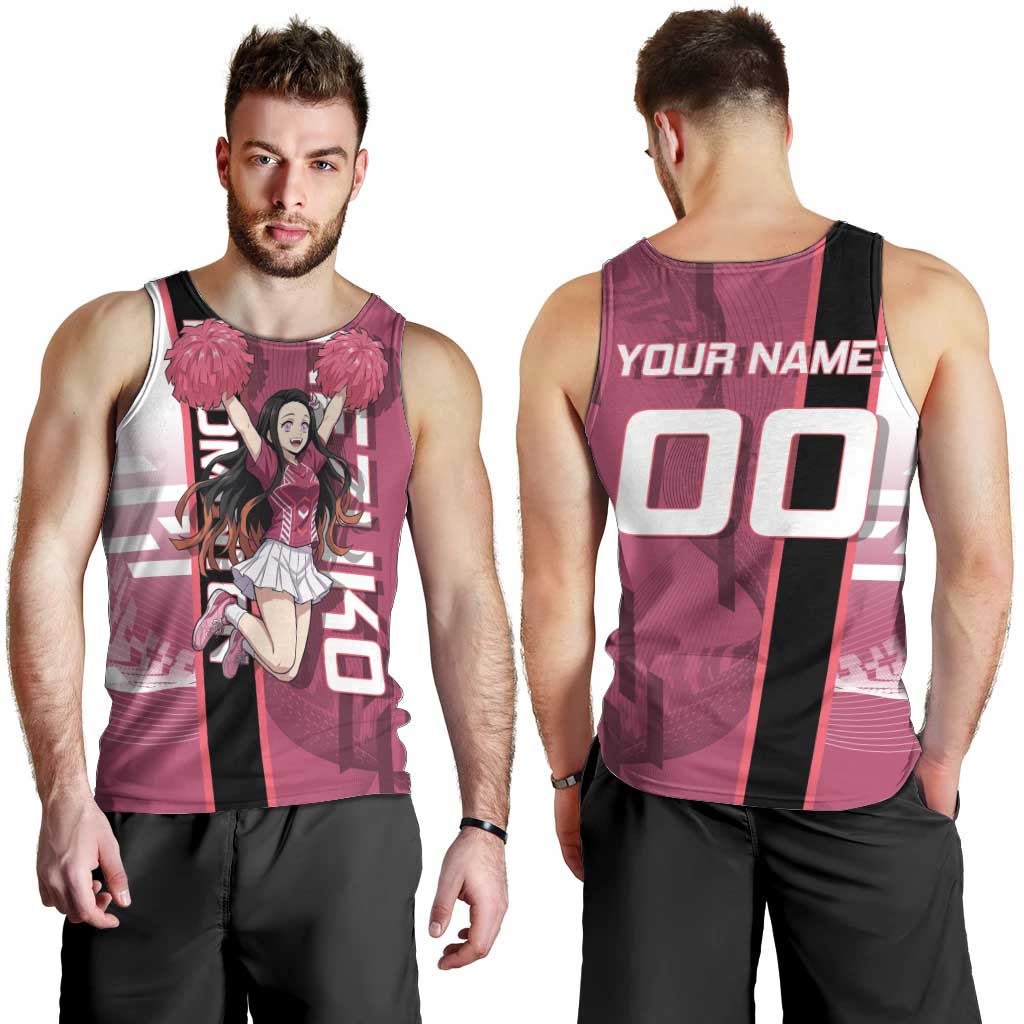 Personalized Nezuko Kamado Demon Slayer Badminton Cheerleader Men Tank Top with Pom Poms and Pink White Graphic Design - The Mazicc