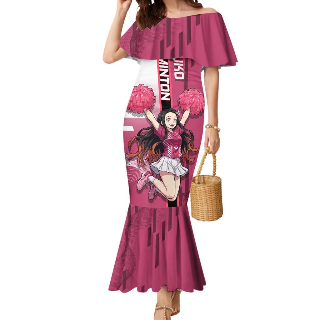 Personalized Nezuko Kamado Demon Slayer Badminton Cheerleader Mermaid Dress with Pom Poms and Pink White Graphic Design - The Mazicc