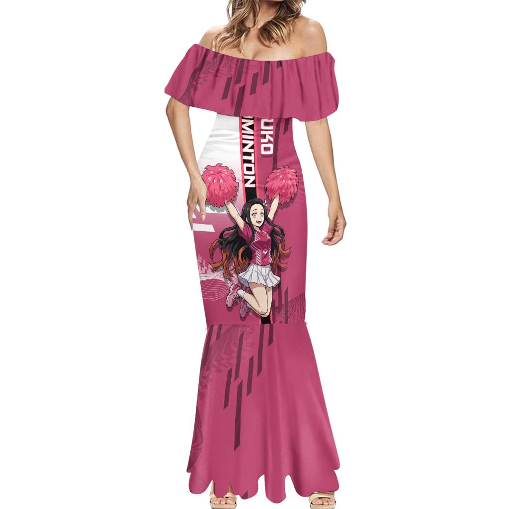 Personalized Nezuko Kamado Demon Slayer Badminton Cheerleader Mermaid Dress with Pom Poms and Pink White Graphic Design - The Mazicc