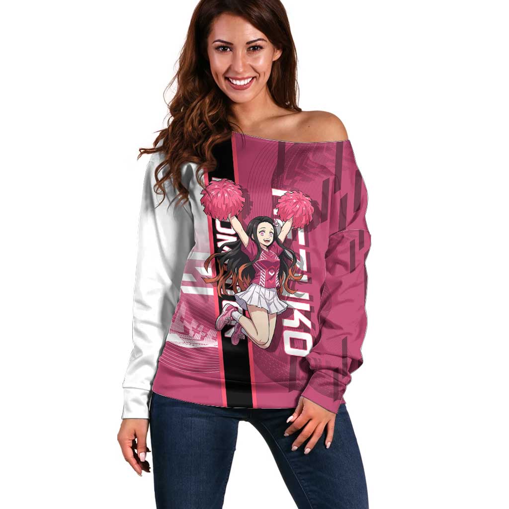Personalized Nezuko Kamado Demon Slayer Badminton Cheerleader Off Shoulder Sweater with Pom Poms and Pink White Graphic Design - The Mazicc