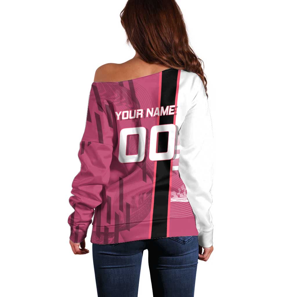 Personalized Nezuko Kamado Demon Slayer Badminton Cheerleader Off Shoulder Sweater with Pom Poms and Pink White Graphic Design - The Mazicc