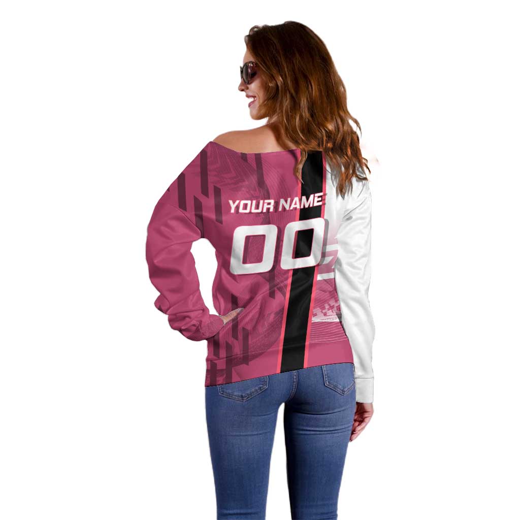 Personalized Nezuko Kamado Demon Slayer Badminton Cheerleader Off Shoulder Sweater with Pom Poms and Pink White Graphic Design - The Mazicc