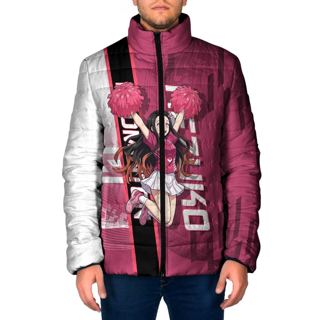 Personalized Nezuko Kamado Demon Slayer Badminton Cheerleader Padded Jacket with Pom Poms and Pink White Graphic Design - The Mazicc