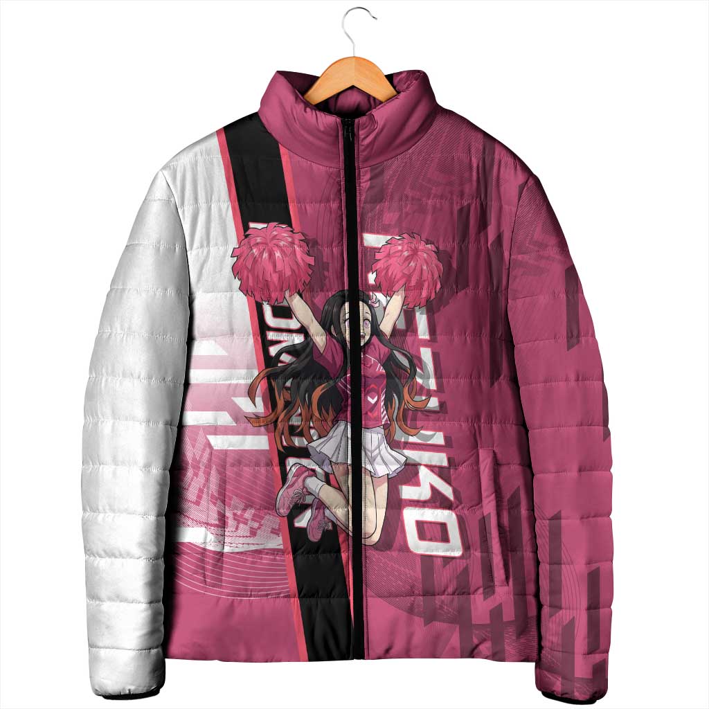 Personalized Nezuko Kamado Demon Slayer Badminton Cheerleader Padded Jacket with Pom Poms and Pink White Graphic Design - The Mazicc