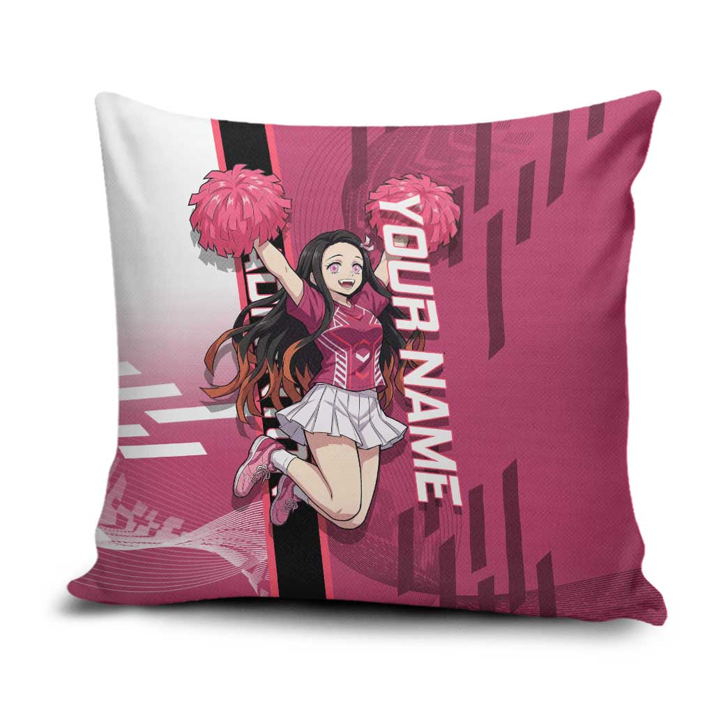 Personalized Nezuko Kamado Demon Slayer Badminton Cheerleader Pillow Cover with Pom Poms and Pink White Graphic Design - The Mazicc