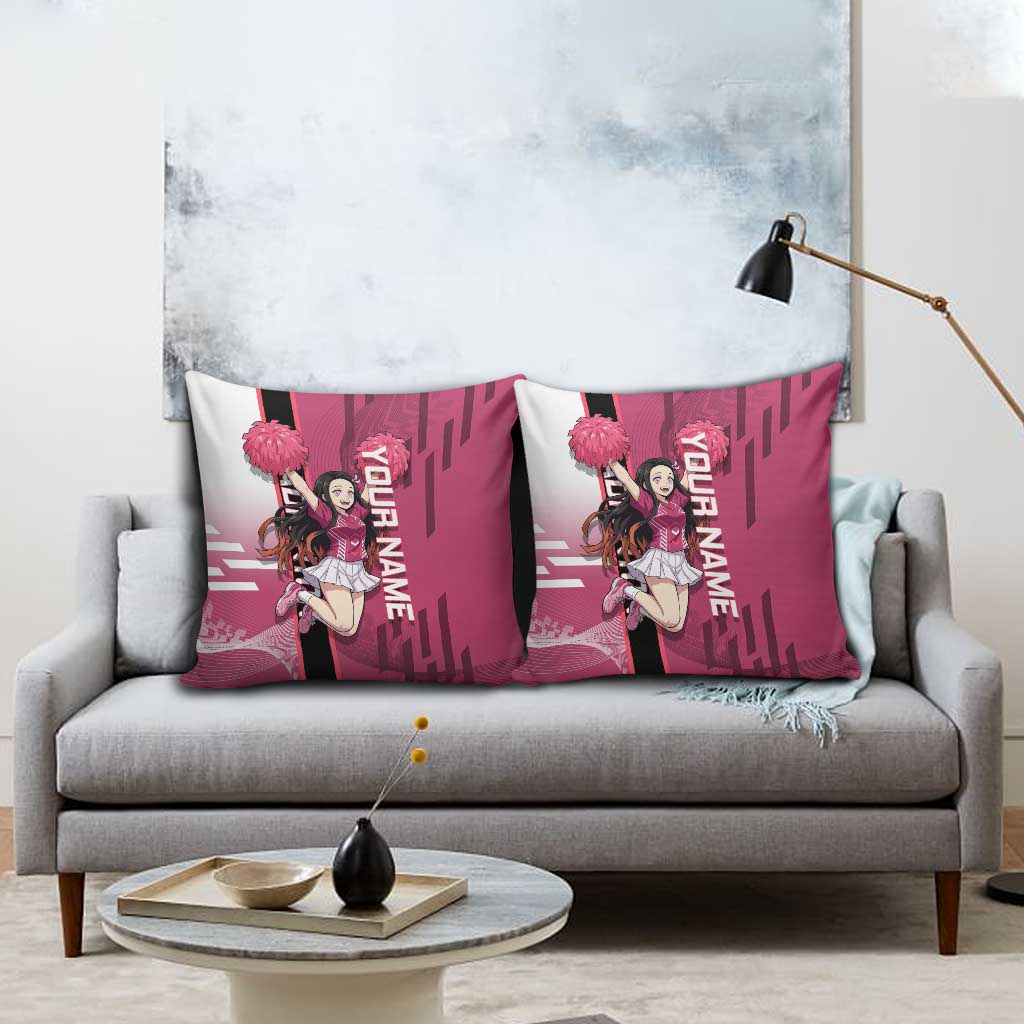 Personalized Nezuko Kamado Demon Slayer Badminton Cheerleader Pillow Cover with Pom Poms and Pink White Graphic Design - The Mazicc