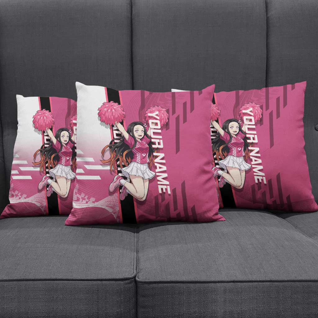 Personalized Nezuko Kamado Demon Slayer Badminton Cheerleader Pillow Cover with Pom Poms and Pink White Graphic Design - The Mazicc