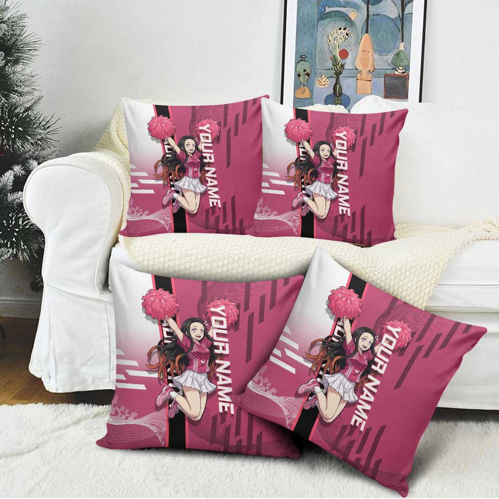Personalized Nezuko Kamado Demon Slayer Badminton Cheerleader Pillow Cover with Pom Poms and Pink White Graphic Design - The Mazicc
