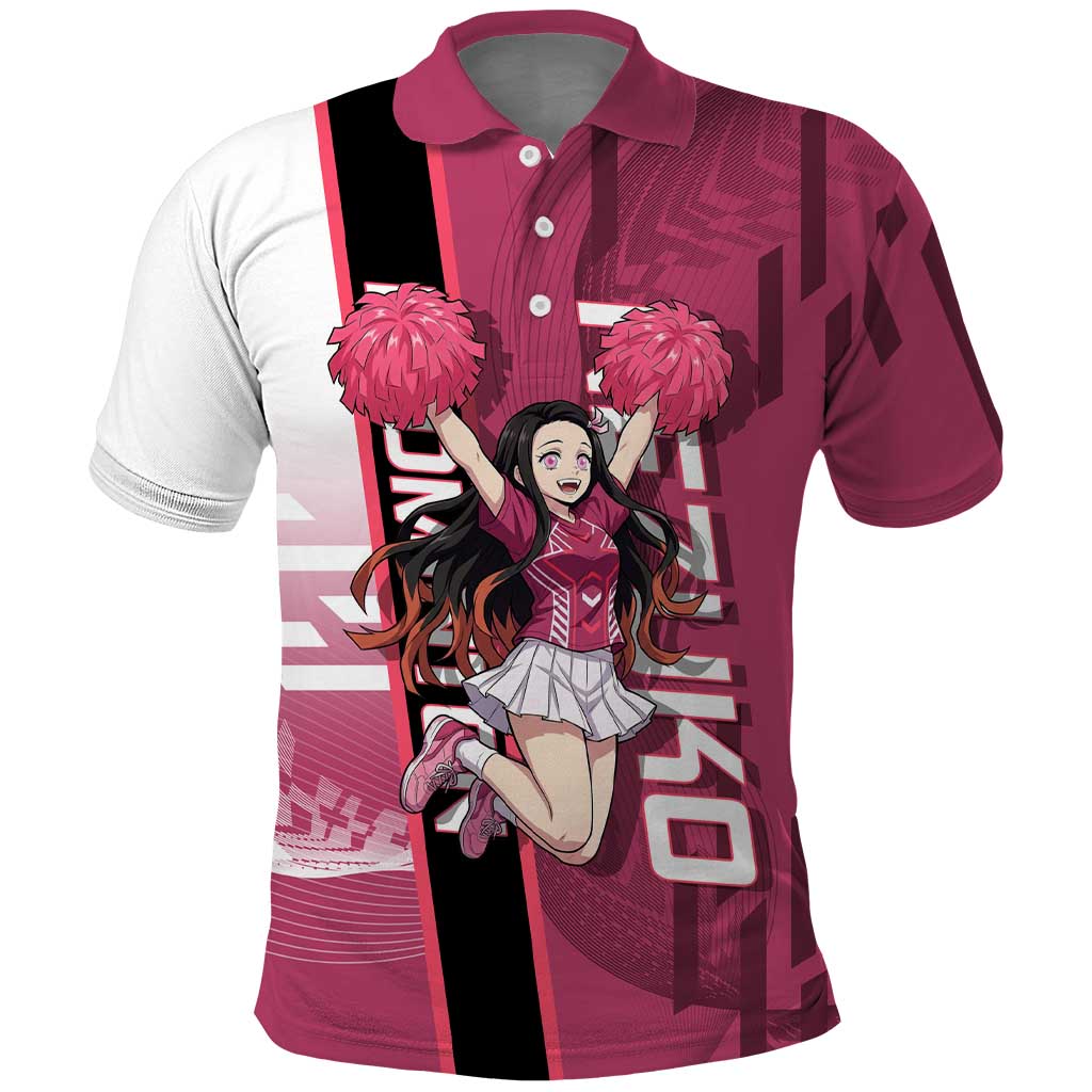 Personalized Nezuko Kamado Demon Slayer Badminton Cheerleader Polo Shirt with Pom Poms and Pink White Graphic Design - The Mazicc