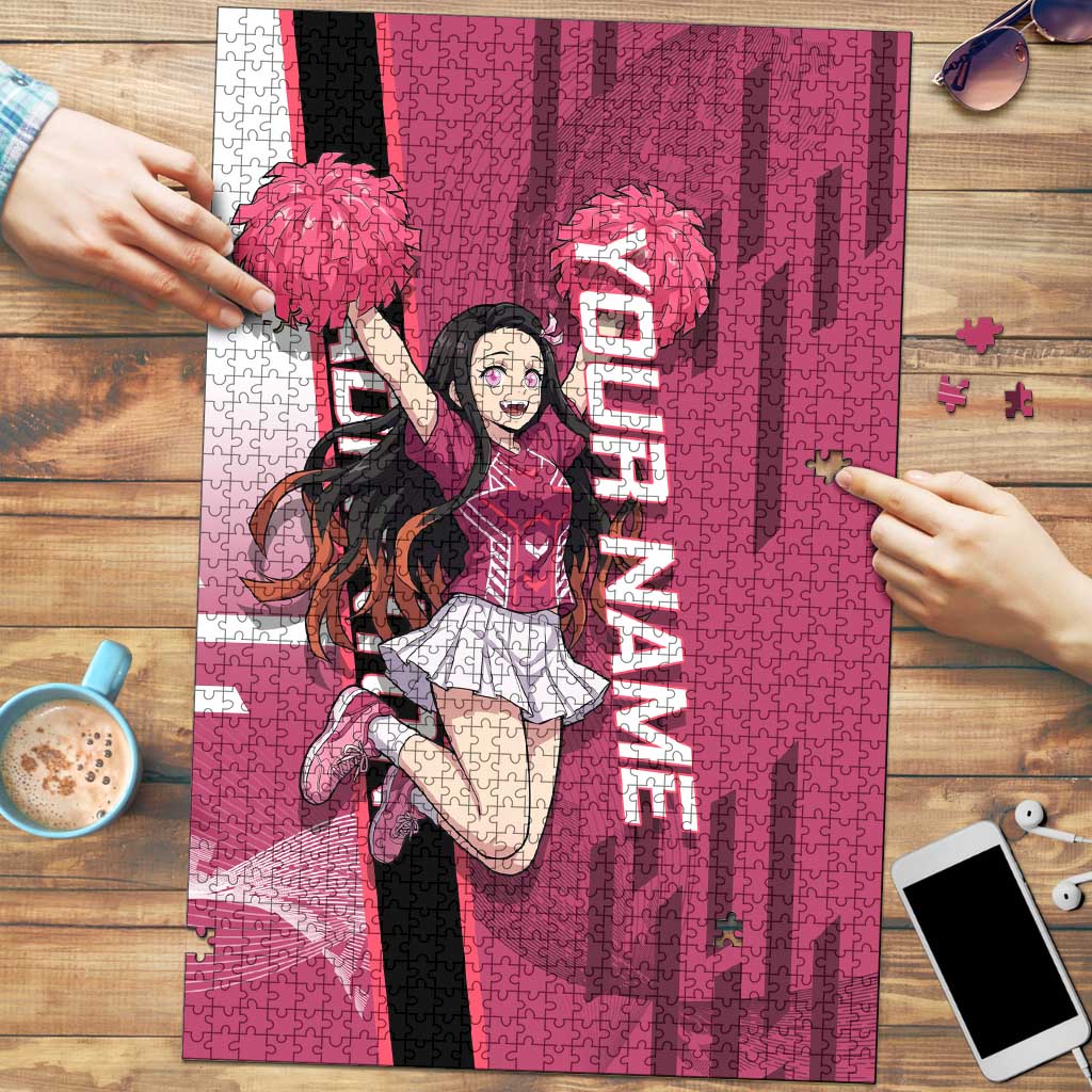 Personalized Nezuko Kamado Demon Slayer Badminton Cheerleader Puzzle with Pom Poms and Pink White Graphic Design - The Mazicc