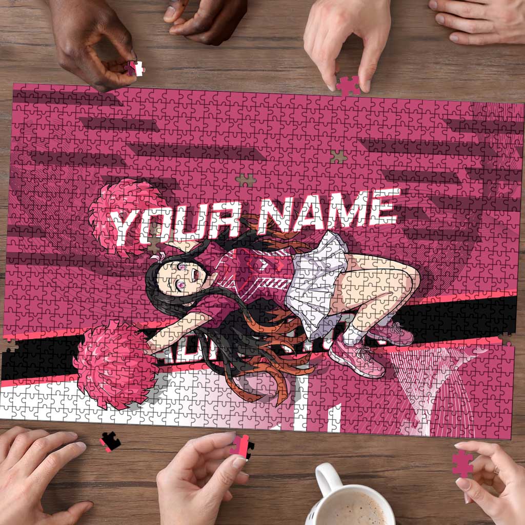 Personalized Nezuko Kamado Demon Slayer Badminton Cheerleader Puzzle with Pom Poms and Pink White Graphic Design - The Mazicc