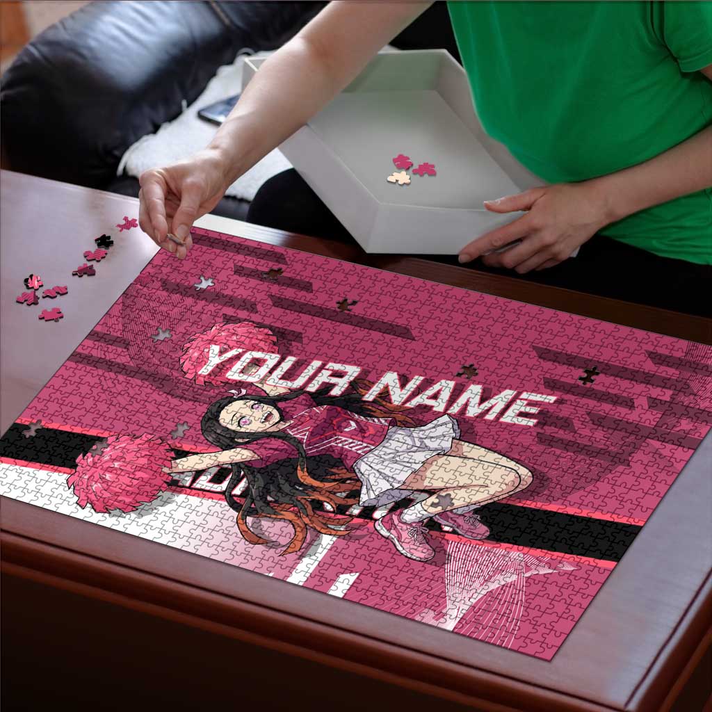 Personalized Nezuko Kamado Demon Slayer Badminton Cheerleader Puzzle with Pom Poms and Pink White Graphic Design - The Mazicc