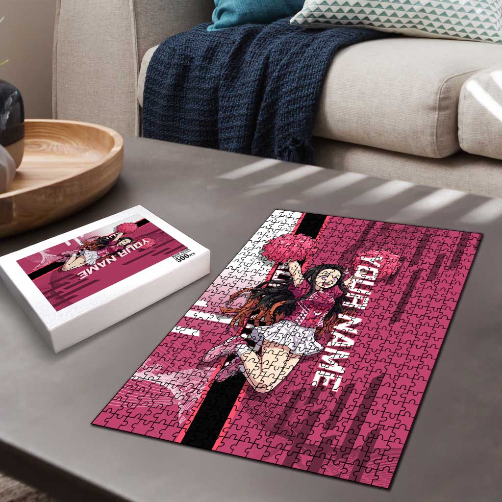Personalized Nezuko Kamado Demon Slayer Badminton Cheerleader Puzzle with Pom Poms and Pink White Graphic Design - The Mazicc