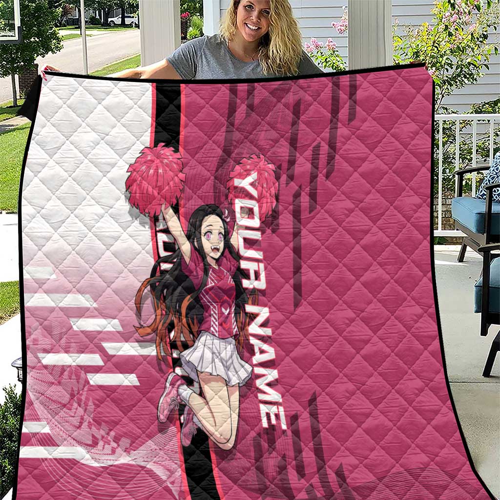 Personalized Nezuko Kamado Demon Slayer Badminton Cheerleader Quilt with Pom Poms and Pink White Graphic Design - The Mazicc